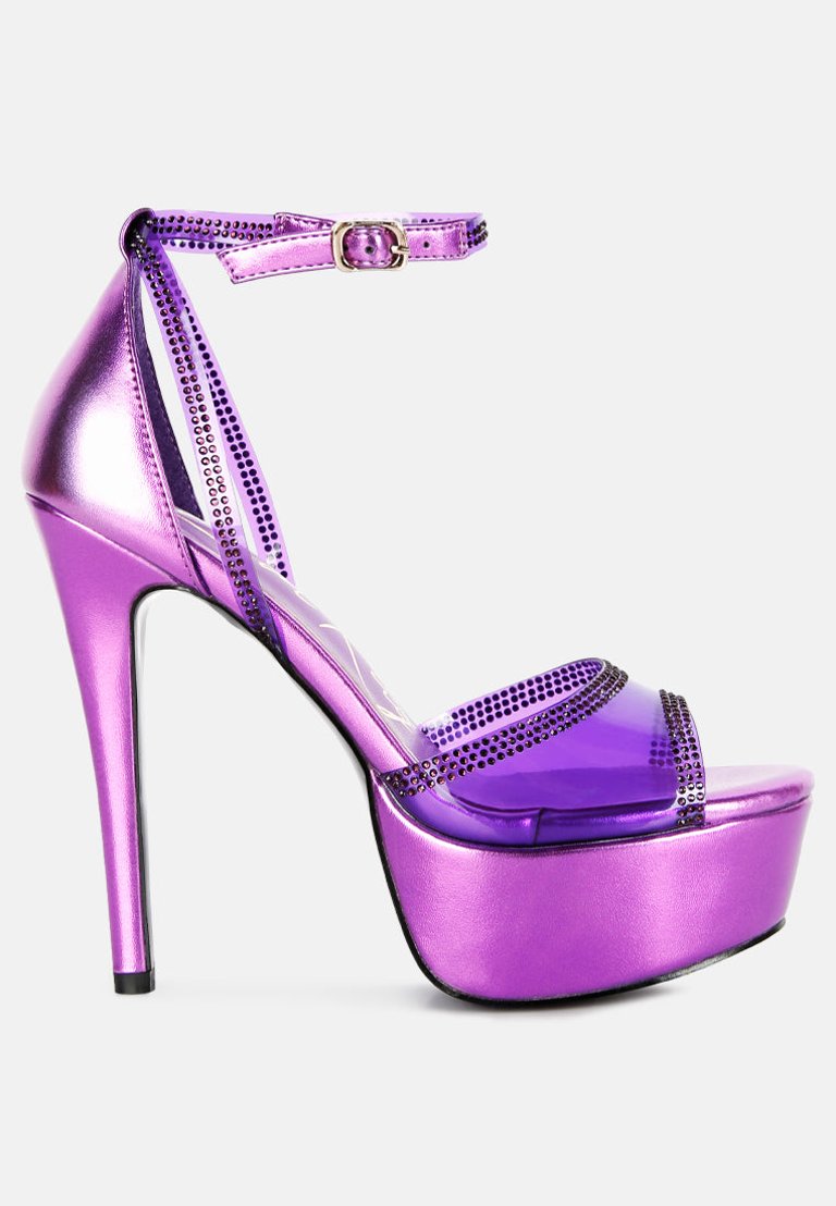 Cinderella Rhinestones Embellished Stiletto Platform Sandals - Purple