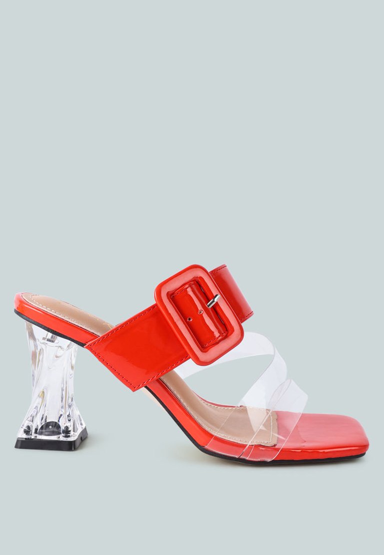 City Girl Buckle Detail Clear Spool Heel Sandals - Red