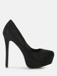 Clarisse Diamante Faux Suede High Heeled Pumps - Black