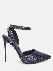 Cloriss Diamante Embellished Glitter High Heels - Dark Blue