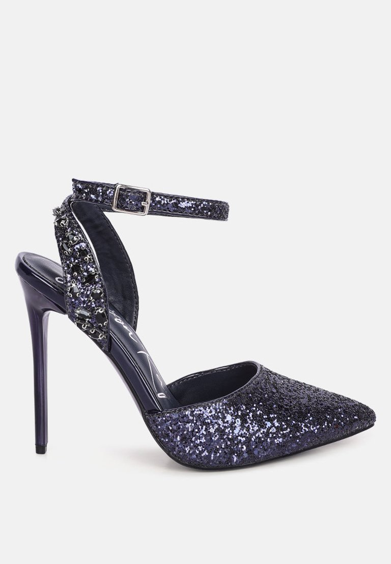 Cloriss Diamante Embellished Glitter High Heels - Dark Blue