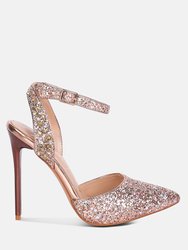 Cloriss Diamante Embellished Glitter High Heels - Rose Gold