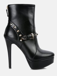 Dejang Metal Stud Embellished Faux Leather Ankle Boot - Black