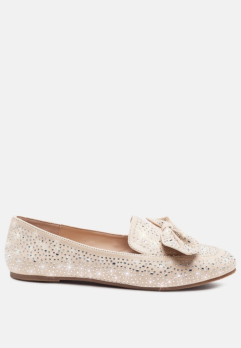 Dewdrops Embellished Casual Bow Loafers - Beige