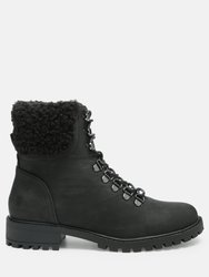 Dolon Lace Up Fur Collar Ankle Boots - Black