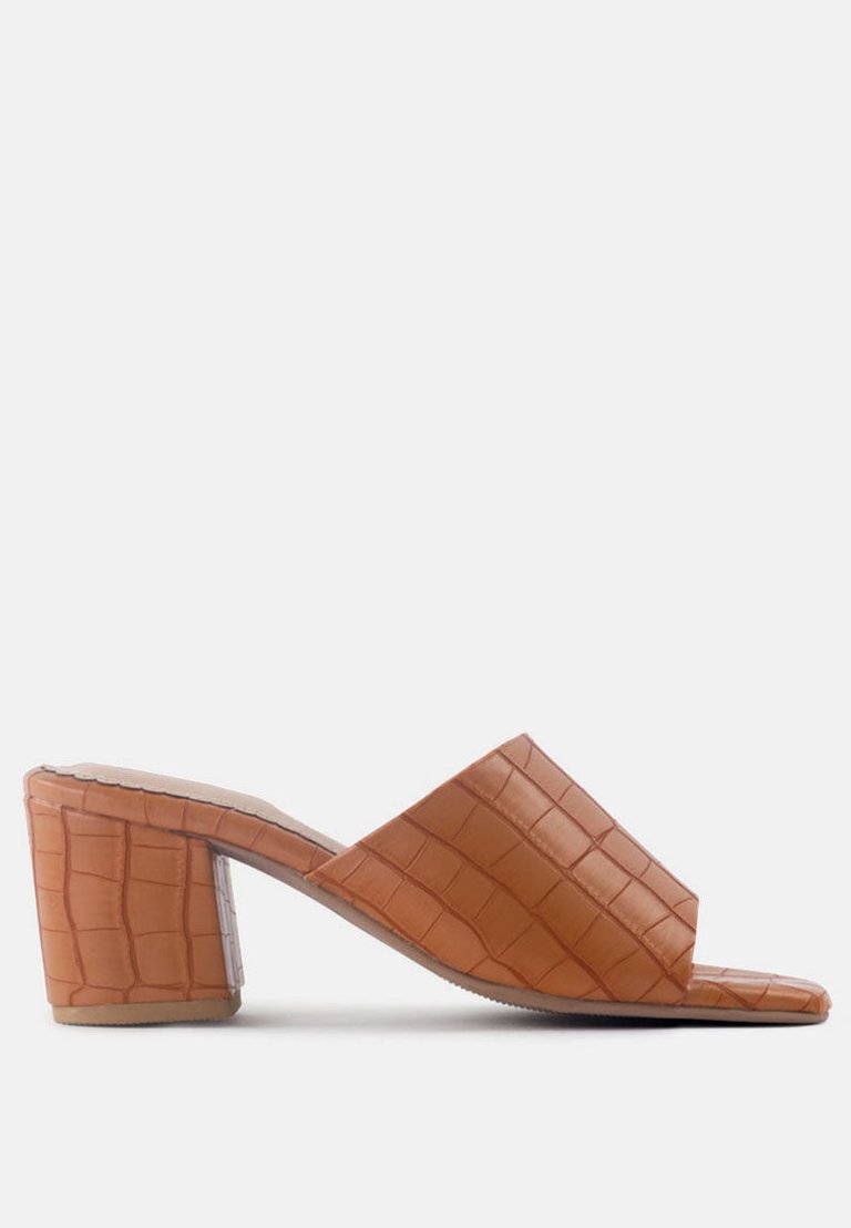 Dumpllin Croco Slip-On Block Heel Sandals - Tan