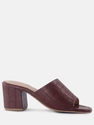 Dumpllin Croco Slip-On Block Heel Sandals - Brown