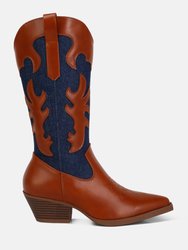 Fallon Faux Leather Patchwork Cowboy Boots - Denim