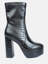 Feral High Heeled Croc Pattern Ankle Boot - Black