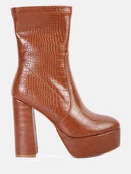 Feral High Heeled Croc Pattern Ankle Boot - Tan