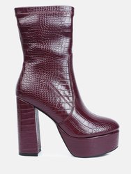 Feral High Heeled Croc Pattern Ankle Boot - Burgundy