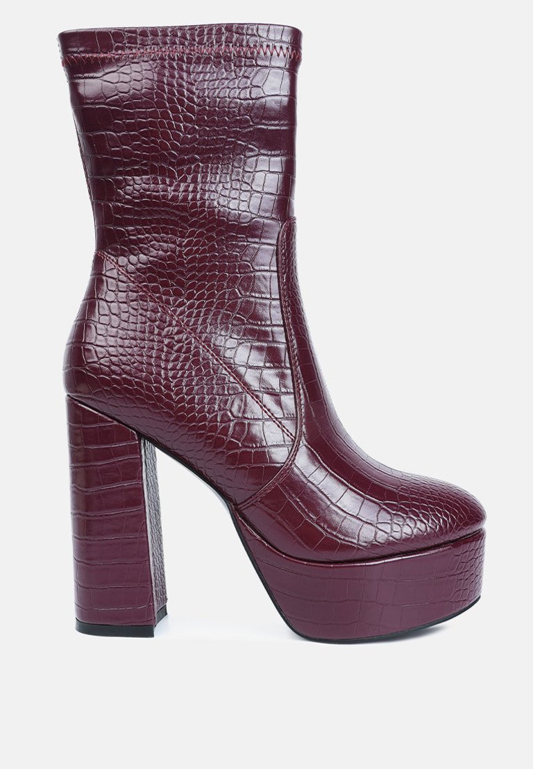 Feral High Heeled Croc Pattern Ankle Boot - Burgundy