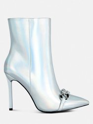 Firefly Metallic Chain Embellished Stiletto Ankle Boots - Silver
