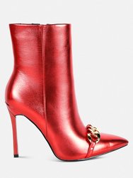 Firefly Metallic Chain Embellished Stiletto Ankle Boots - Red