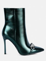Firefly Metallic Chain Embellished Stiletto Ankle Boots - Green