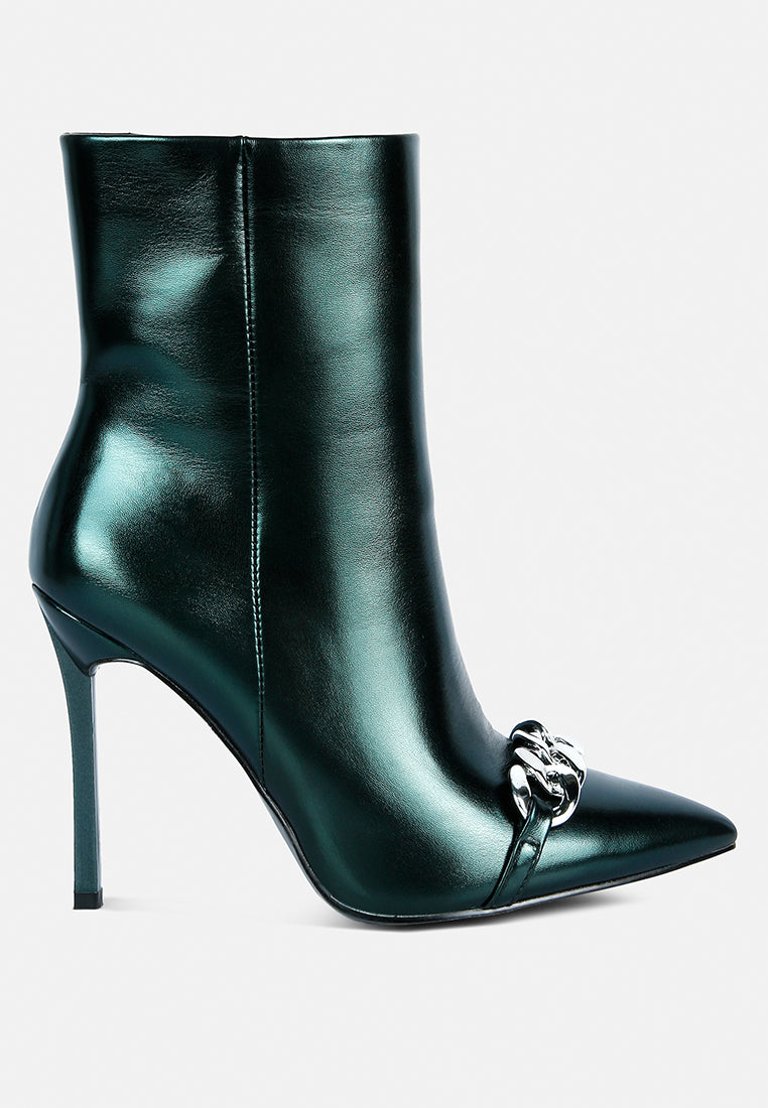 Firefly Metallic Chain Embellished Stiletto Ankle Boots - Green
