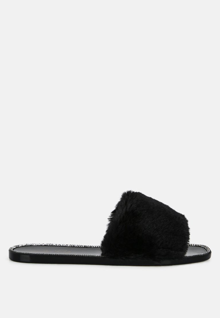 Geese Faux Fur Diamante Detail Jelly Flats - Black