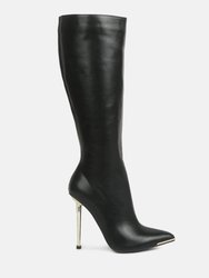 Hale Faux Leather Pointed Heel Calf Boots - Black