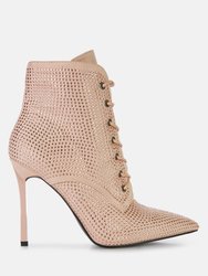 Head on Faux Suede Diamante Ankle Boots - Beige