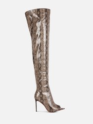 High Drama Snake Print Stiletto Long Boots - Black