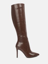 Indulgent High Heel Croc Calf Boots - Dark Brown