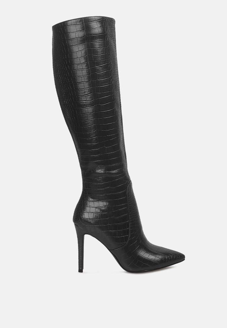 Indulgent High Heel Croc Calf Boots - Black