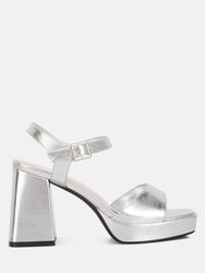 Lofty Metallic Faux Leather Block Heel Sandals - Silver