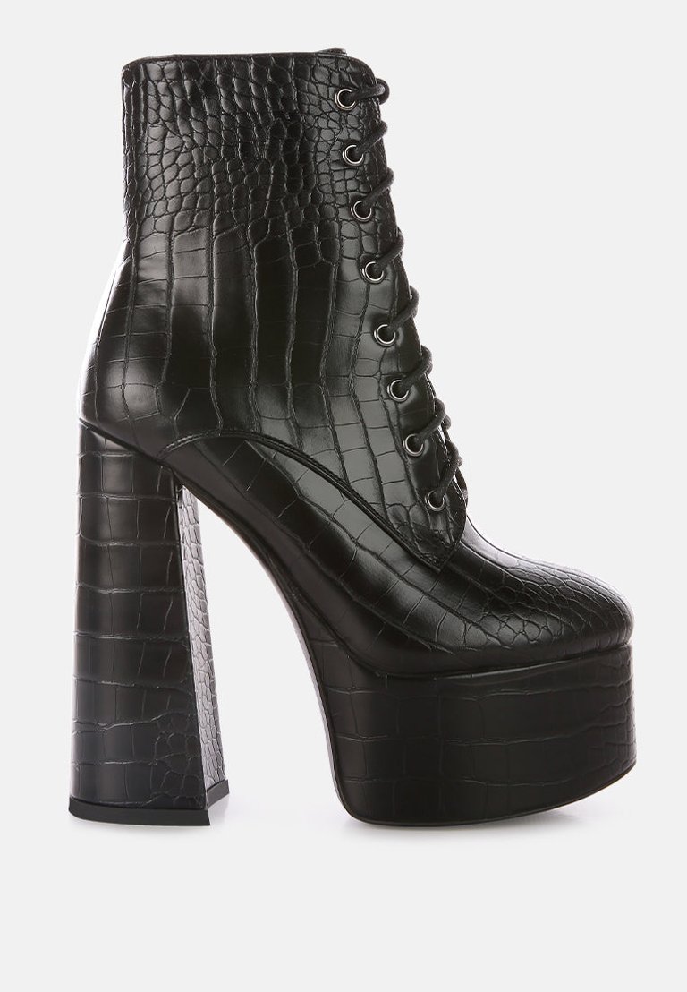 Magdalene Croc High Heel Patform Boots - Black