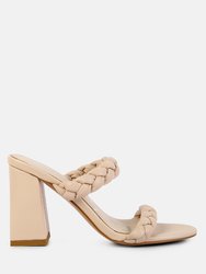 Mi Amor Braided Strap Triangular Block Heels Sandals - Latte