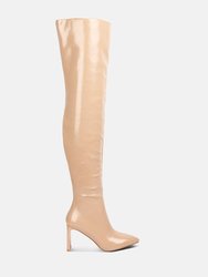Minkles Patent Pu Long Slim Block Heeled Boots - Beige