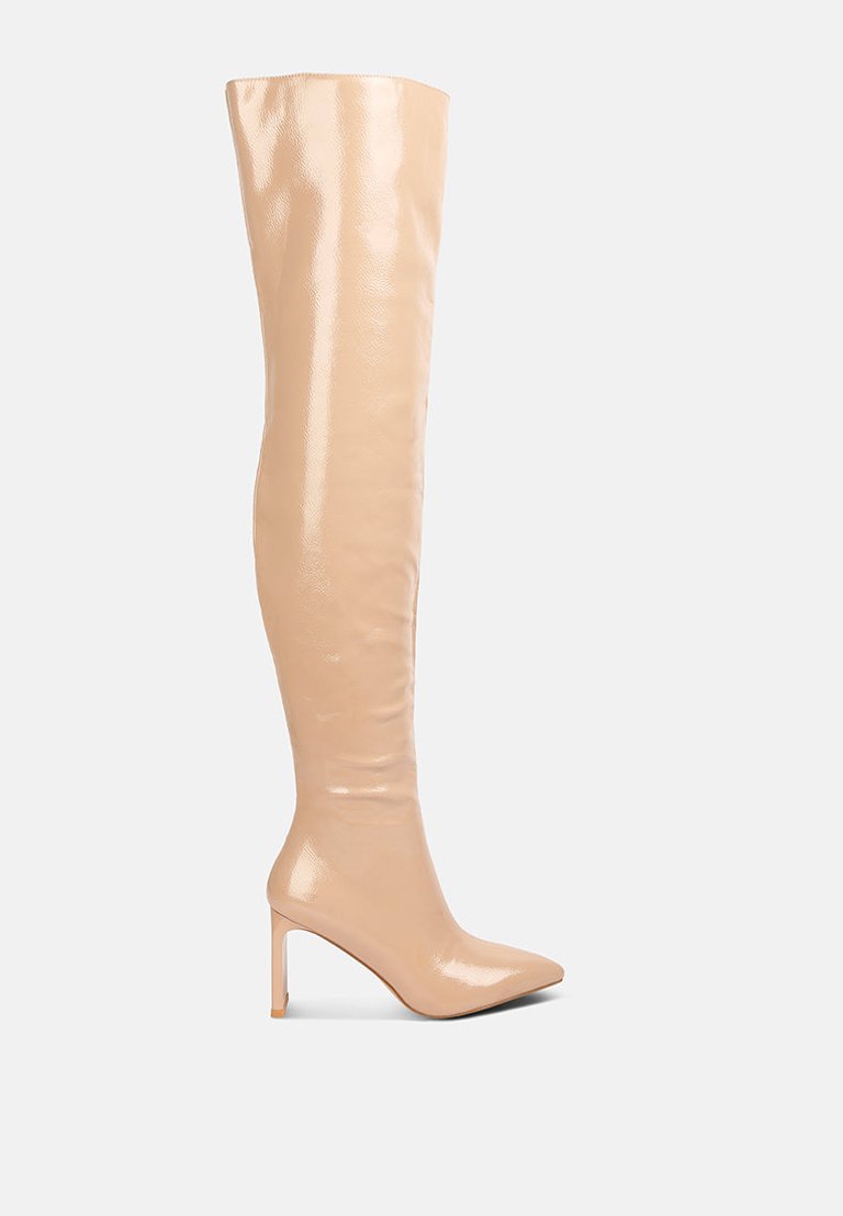 Minkles Patent Pu Long Slim Block Heeled Boots - Beige