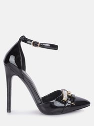 Mocktail Buckle Embellished Stiletto Heels - Black