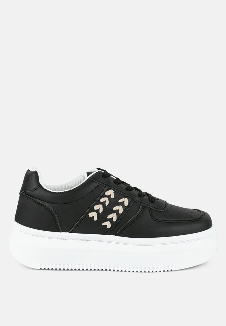 Monigue Faux Leather Cross Stitch Detail Sneakers - Black