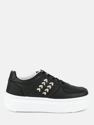 Monigue Faux Leather Cross Stitch Detail Sneakers - Black