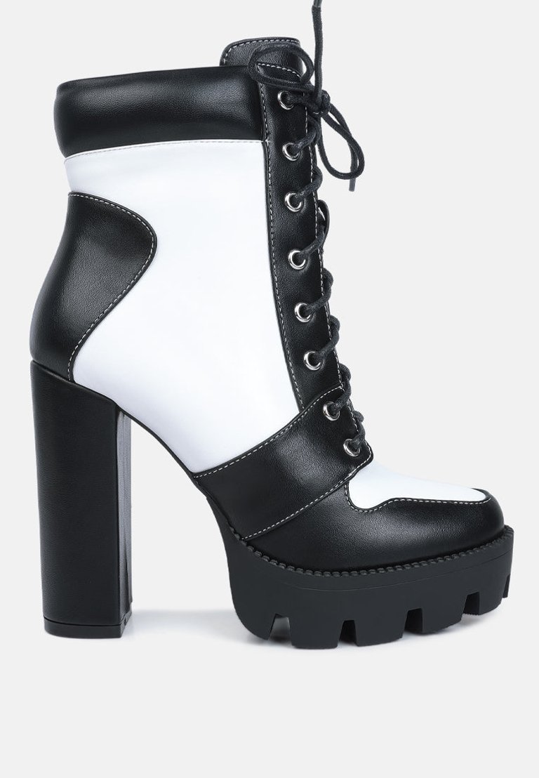 Moos Block Heel Lace Up Boots - Black/White
