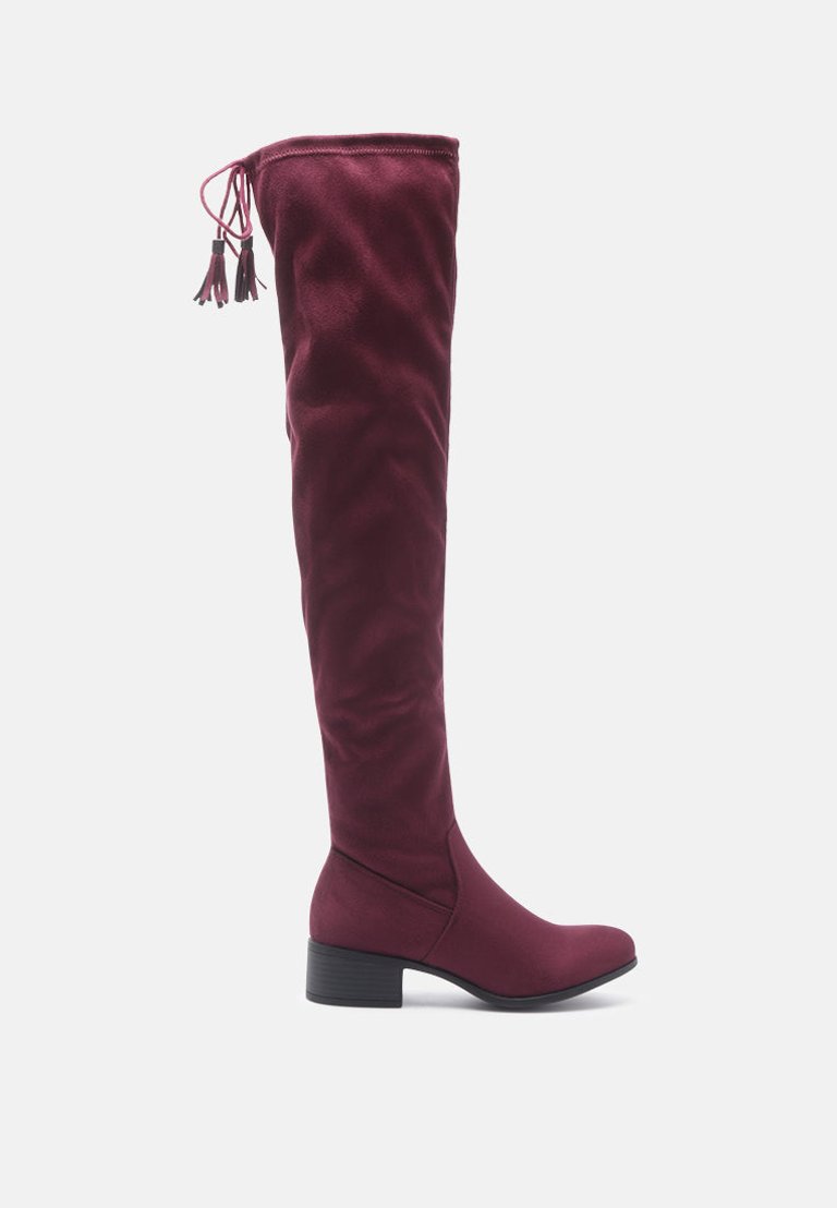Nople Knee Boots With Drawstring - Dark Red