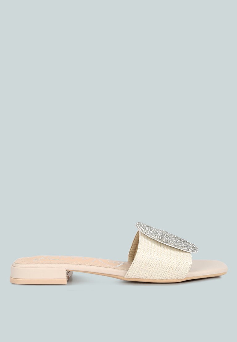 Ollilie Rhinestones Embellished Brooch Slip On Sandals - Off White