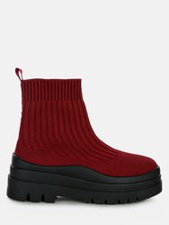 Quavo Knitted Platform Chunky Boots - Burgundy-Black