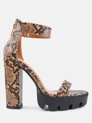 Rattle Snake Print Chunky High Block Heel Sandals - Beige
