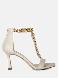 Real Gem T Strap Chain Detail Sandals - Taupe