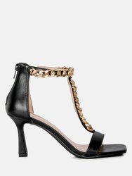 Real Gem T Strap Chain Detail Sandals - Black