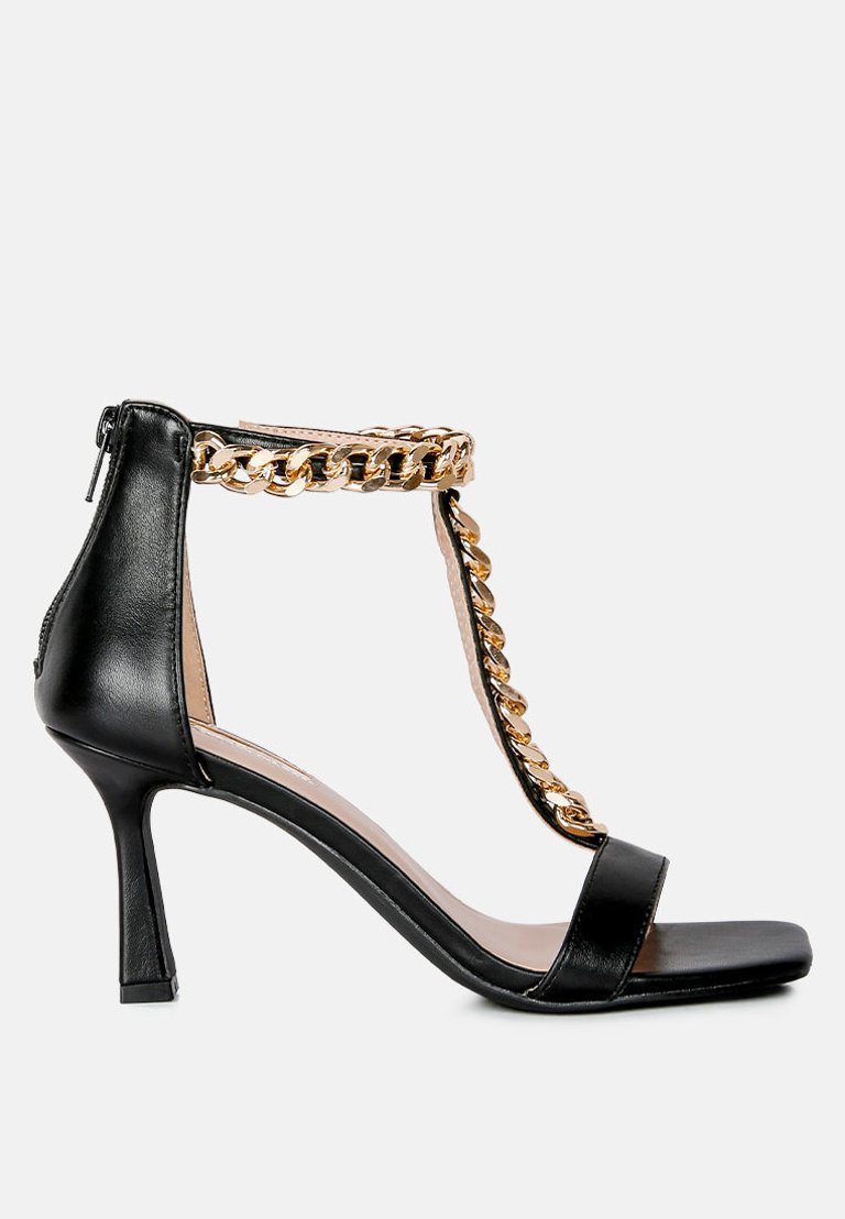 Real Gem T Strap Chain Detail Sandals - Black