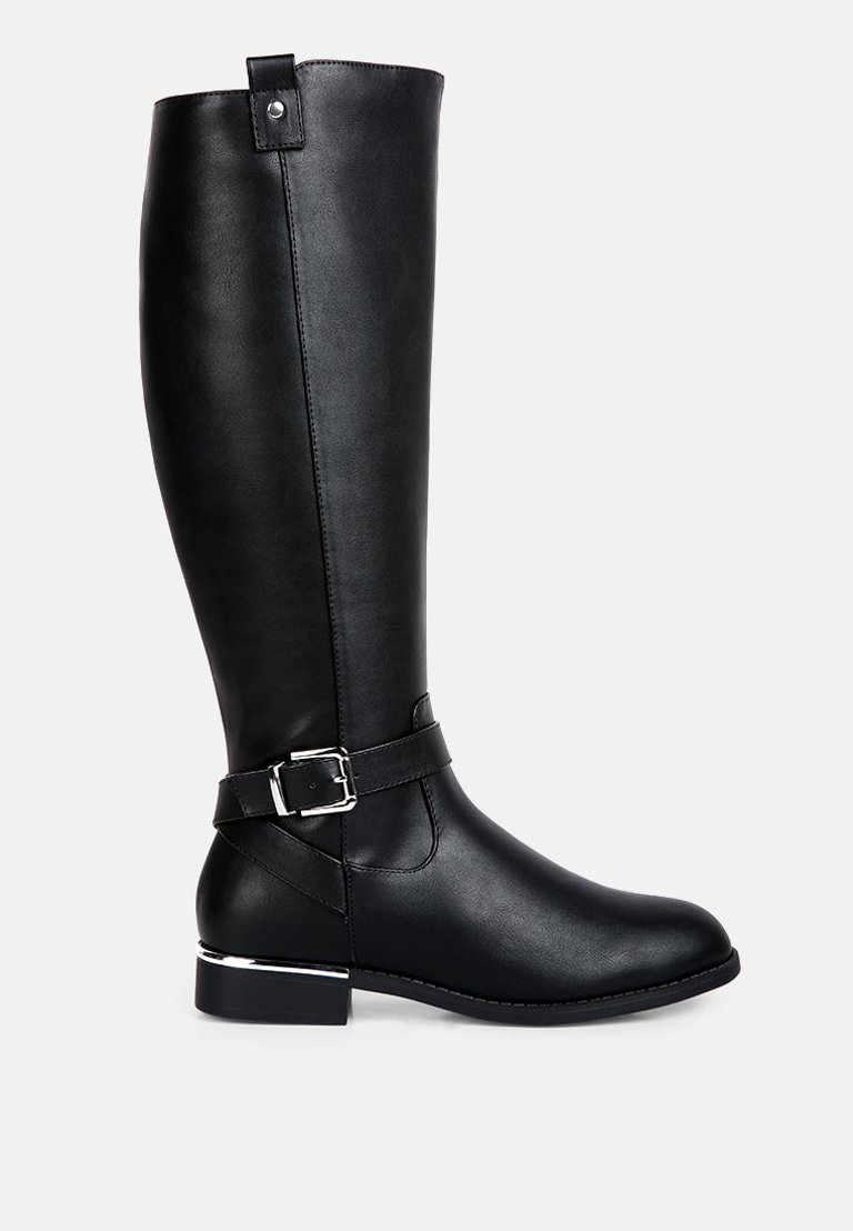Renny Buckle Strap Embellished Calf Boots - Black