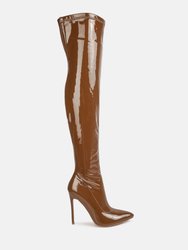 Riggle Long Patent PU High Heel Boots - Brown