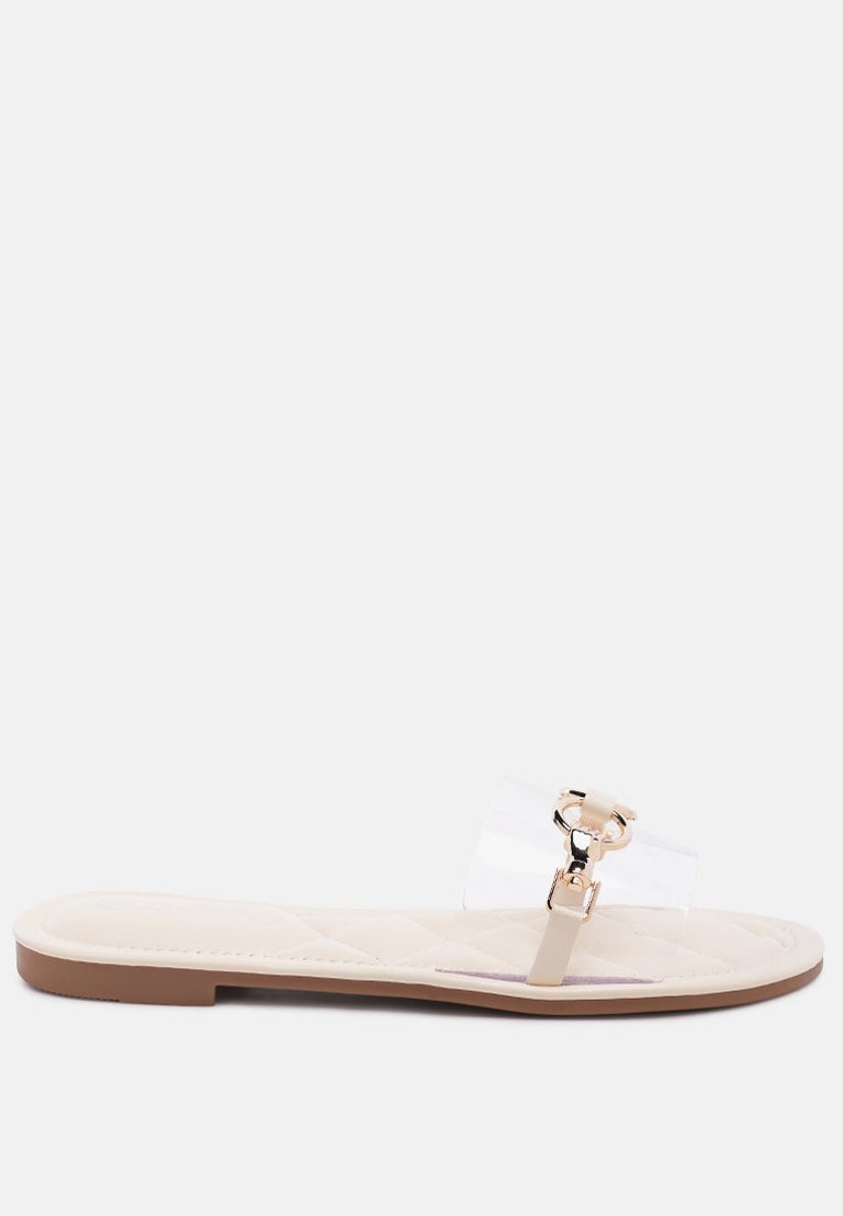Scoth Clear Buckled Quilted Slides - Beige