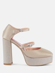 Shiver Rhinestones Embellished Platform Mary Jane Sandals - Beige