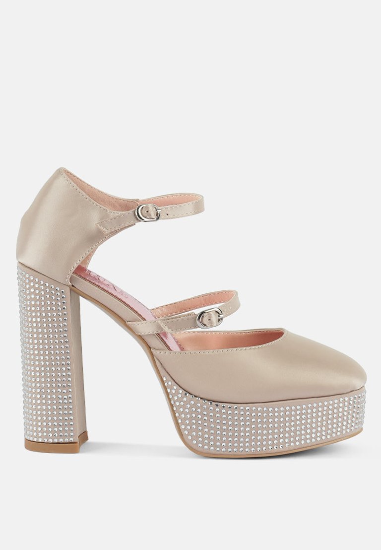 Shiver Rhinestones Embellished Platform Mary Jane Sandals - Beige