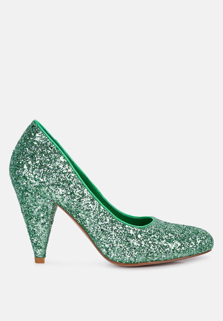 Sugar Plum Glitter Conical Heel Pumps - Green