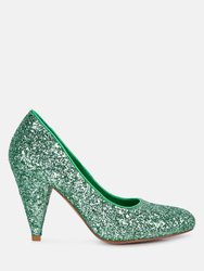 Sugar Plum Glitter Conical Heel Pumps - Green