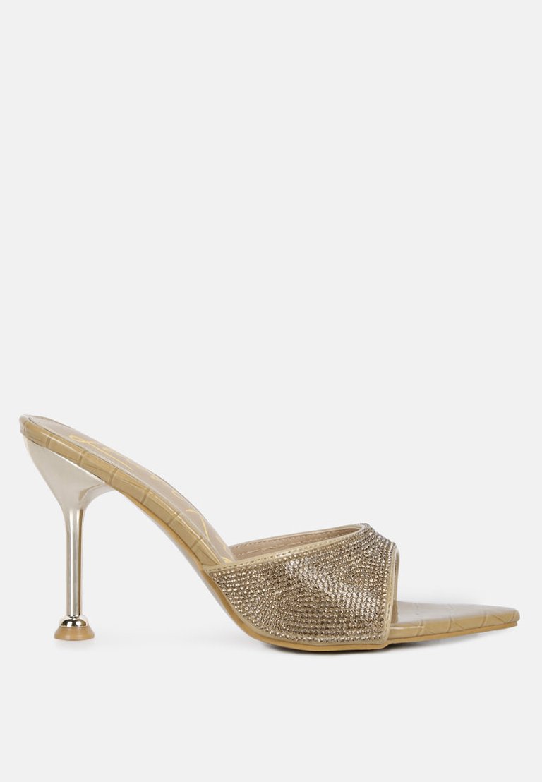 Sundai Rhinestone Embellished Stiletto Sandals - Beige/Gold